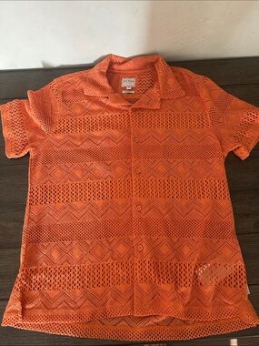 GUESS Orange Openwork Short Sleeve Button-Up Shirt